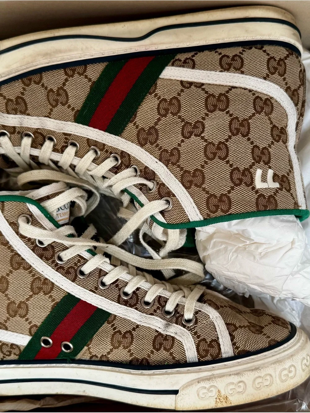 Gucci Beige GG Canvas High-Top Sneakers with Green and Red Web